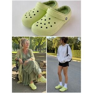 Crocs Classic Lined Clogs Lime Green Fuzzy Fleece Women 7 Men 5 Slip On Shoes